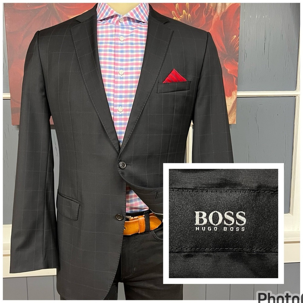 Boss Hugo Suit Top Jacket Blazer Sport Coat Mens 42L Long Wool Black/Blue Plaid